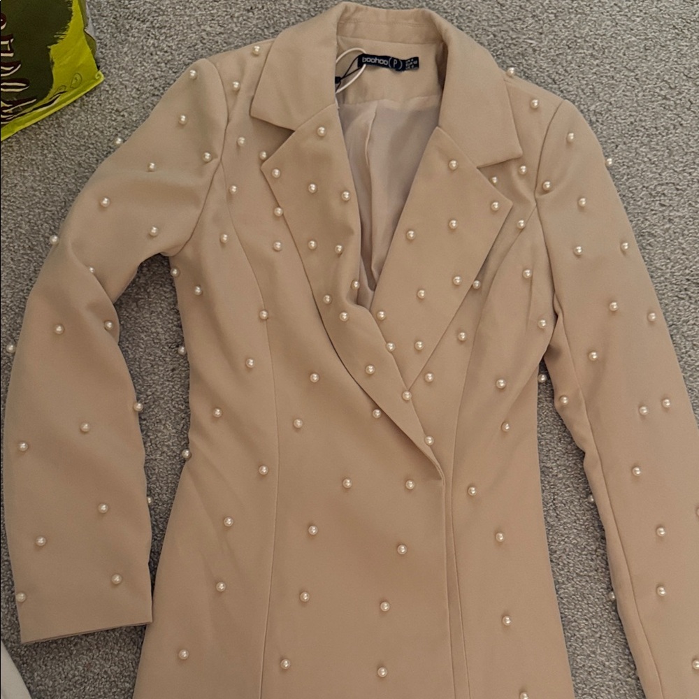 Boohoo Beige Pearl Embellished Mini Dress